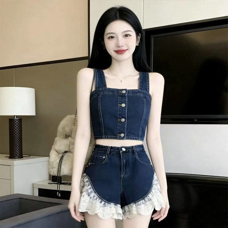Fada quente menina terno feminino nicho versão coreana Retro Denim estilingue renda costura Shorts terno de duas peças#现