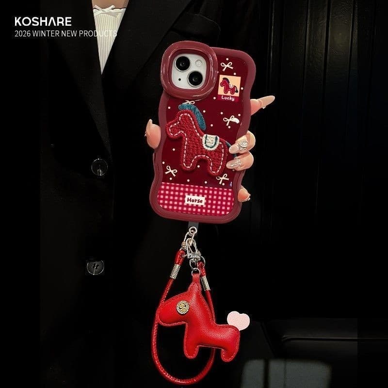 Cavalo vermelho bordado adequado para capa de telefone 17ProMax 16/15/14 suporte duplo 13/12 criativo