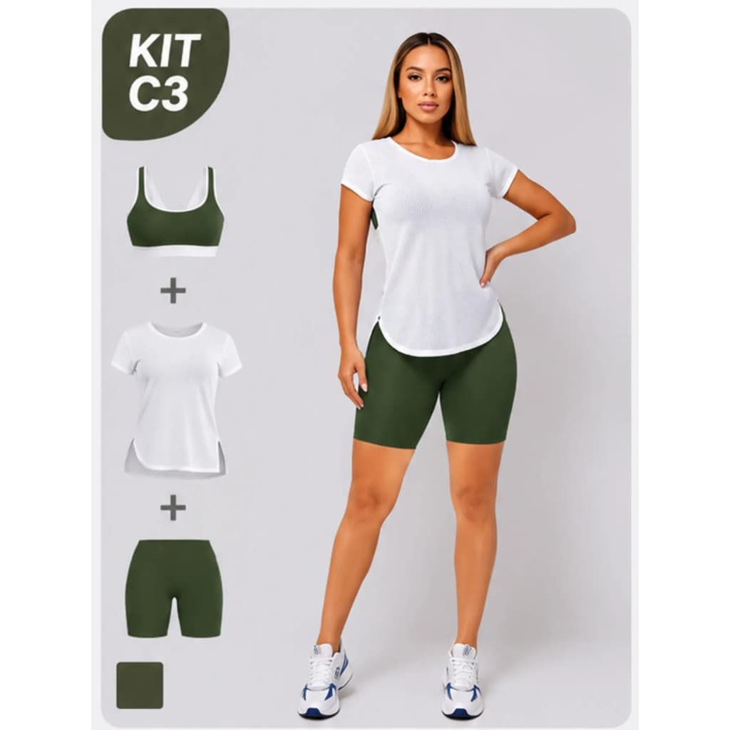 Roupa Fitness Feminina Bermuda Com Bolso Top E Blusa Treino 3 pças AFD
