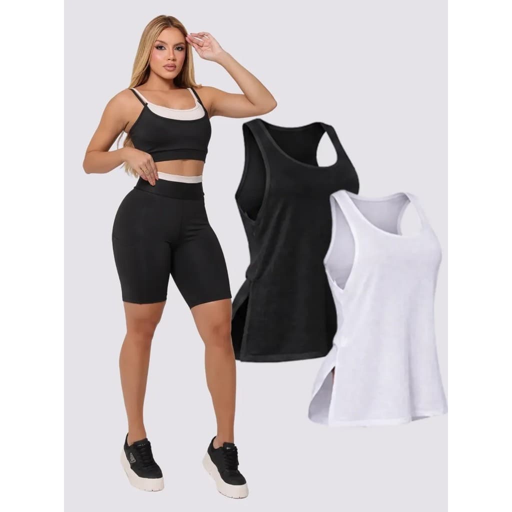 Kit Conjunto Bicolor Feminino Bermuda Top + Regata Academia Preto G OGR