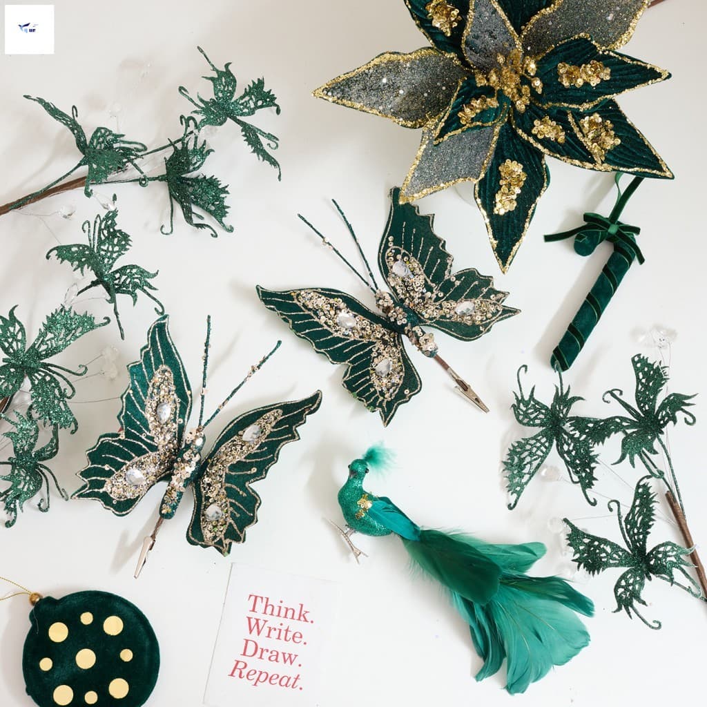 Decorações Verdes Escuras Para Árvores De Natal-Enfeites Simulados De Pássaros Com Penas De Borboleta