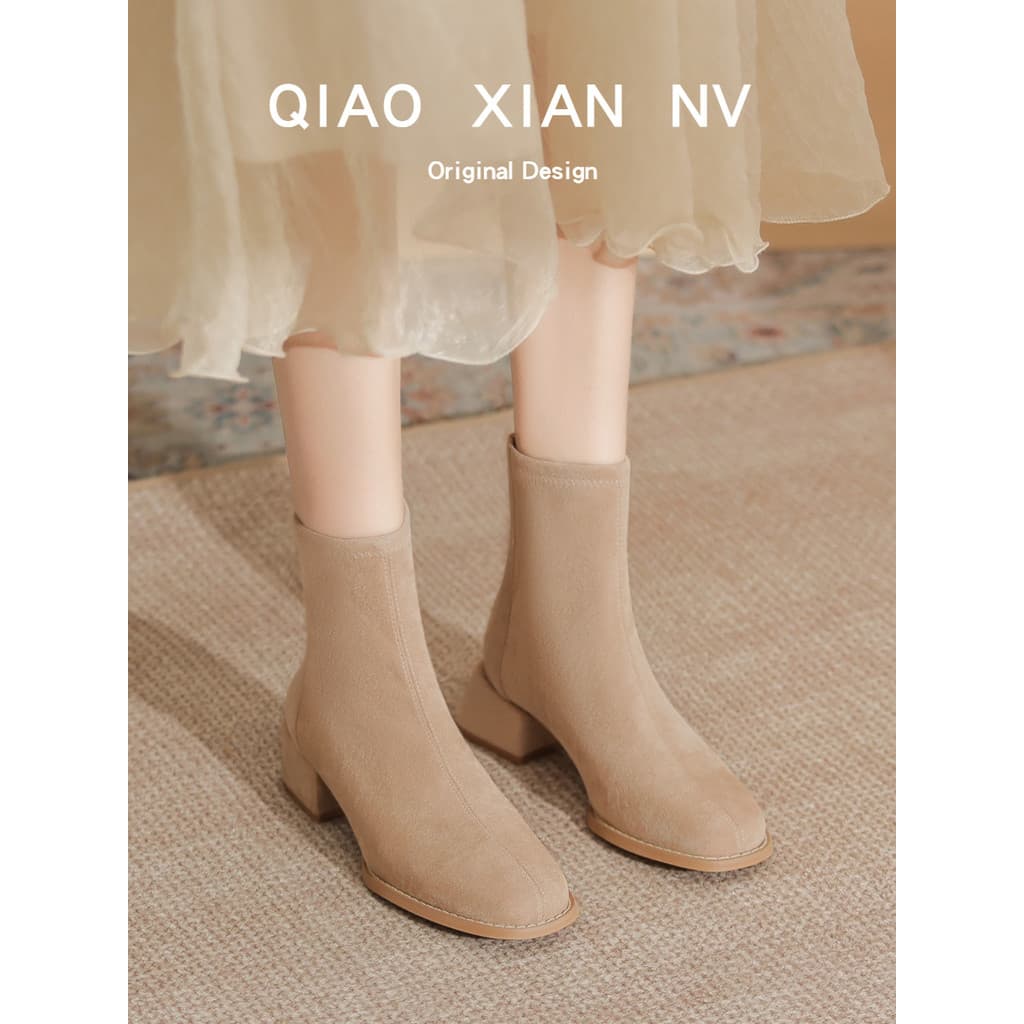 Super macio!Botas curtas de salto grosso de camurça francesa femininas botas finas botas elásticas mais veludo botas fem
