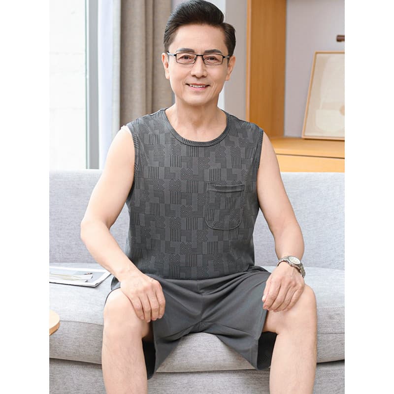 Pai pijamas masculino verão puro algodão colete sem mangas Shorts Loungewear masculino de meia-idade idosos fino tamanho