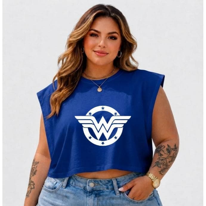 Cropped Feminino Mulher- Maravilha Sem Mangas Plus Size Oversized  Casual Verão 100% Algodão