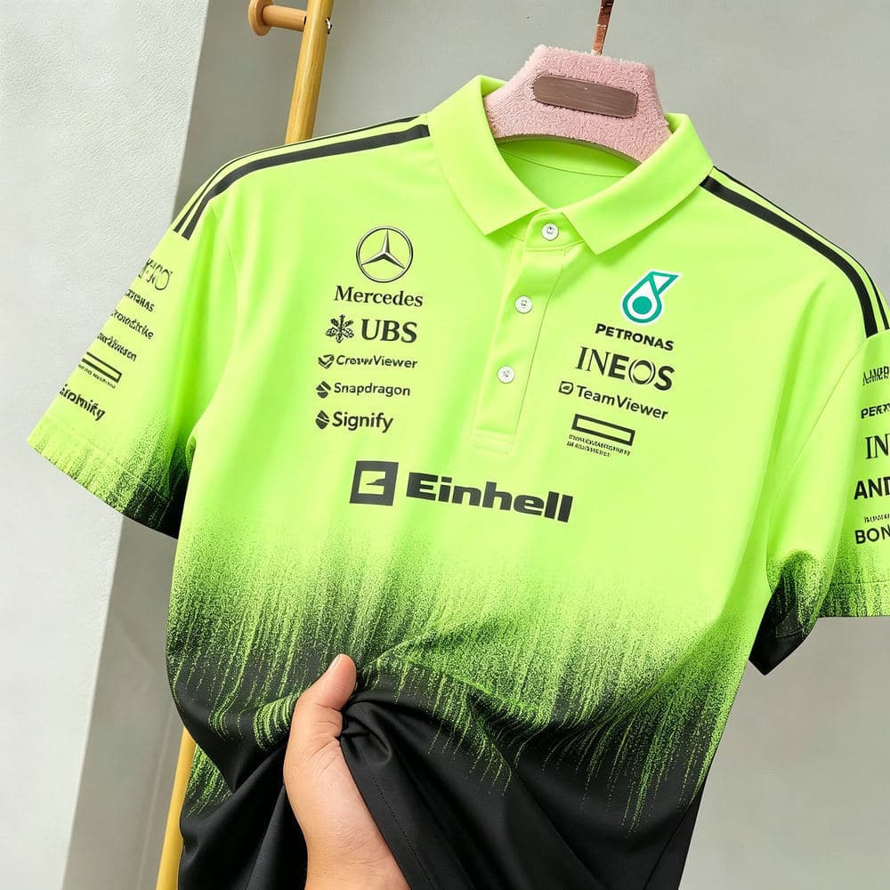 Camisa Polo masculina Full Dye Mercedes AMG Petronas Formula One Neon Verde Respirável Confortável Multicolor Opcional