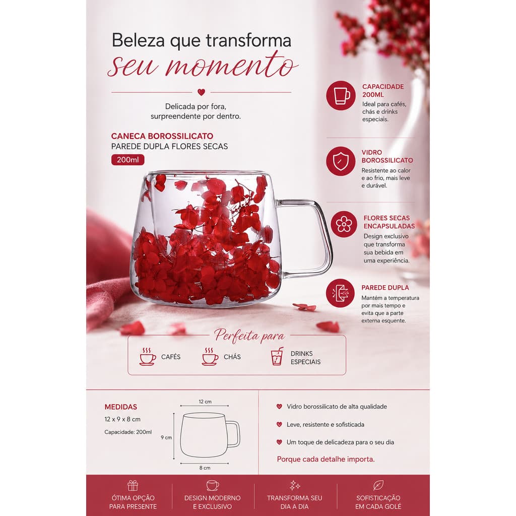 Xicara Caneca Borossilicato parede dupla Flores Secas 200 ML para chás, café e drinks