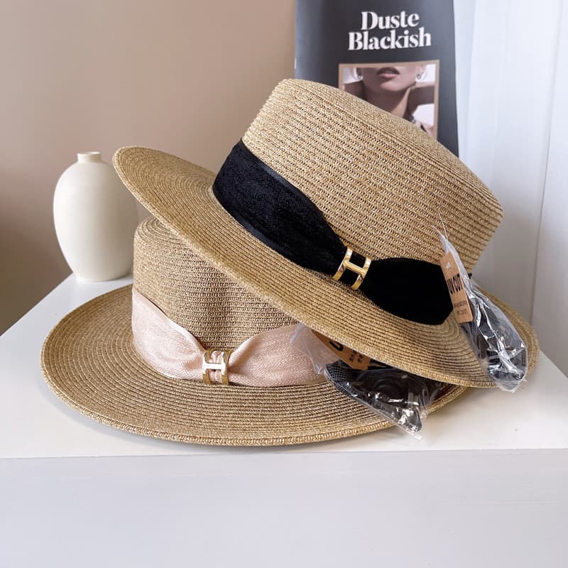 Chapéu de palha estilo Design feminino primavera verão protetor solar chapéu superior plano H fivela fita aba plana chap