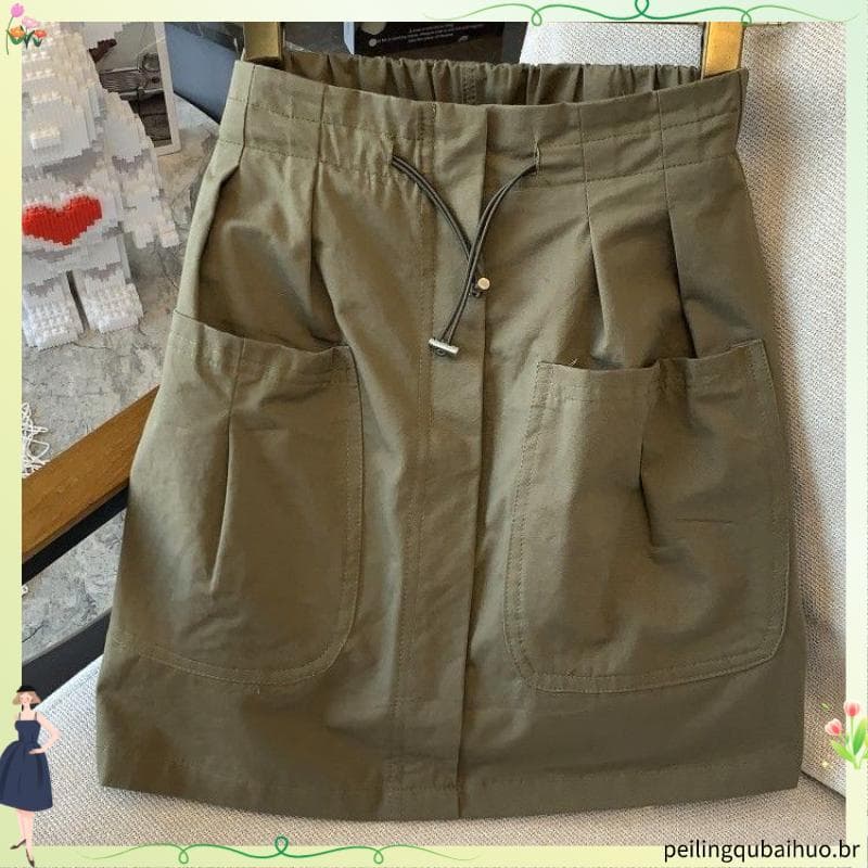 Fat MM tamanho Extra grande 150kg solto mais magro olhar cordão A linha saia feminina primavera outono rendas bolso carg