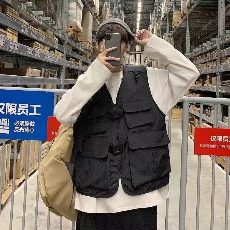Primavera outono Multi-bolso colete nacional na moda das mulheres dos homens estilo funcional escuro sem mangas colete t