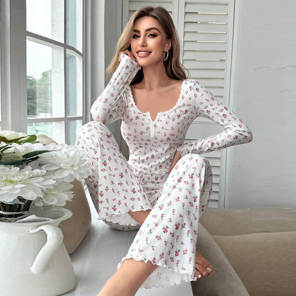 Pijama transfronteiriço de manga comprida com decote em v, pequeno estampa Floral, alface, calças de ondulação, roupa de
