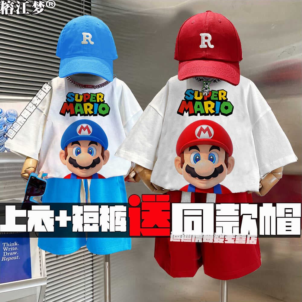 Meninos terno Super mario verão camiseta infantil mario topo puro algodão jardim de infância Shorts de manga curta + cha
