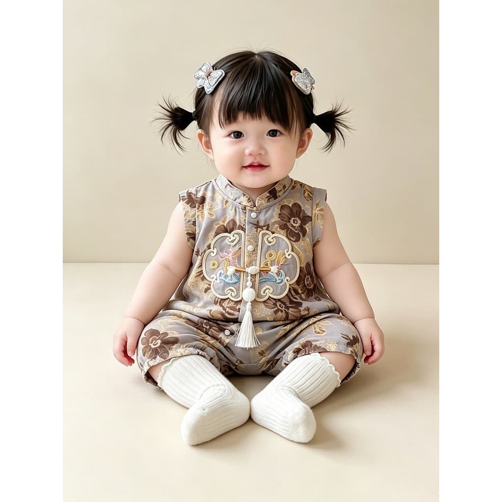 Estilo chinês bebê vestido de verão de uma peça roupas infantis cem dias um ano de idade vestido fino de manga curta est