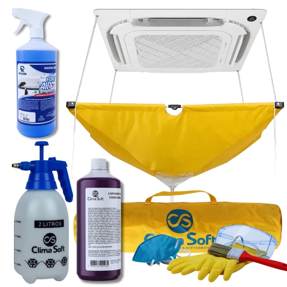 Kit Limpeza Ar Condicionado Bolsa Coletora K7 Cassete Amarelo Pulverizador 2L EPIs Bactericida 1L Limpa Alumínio