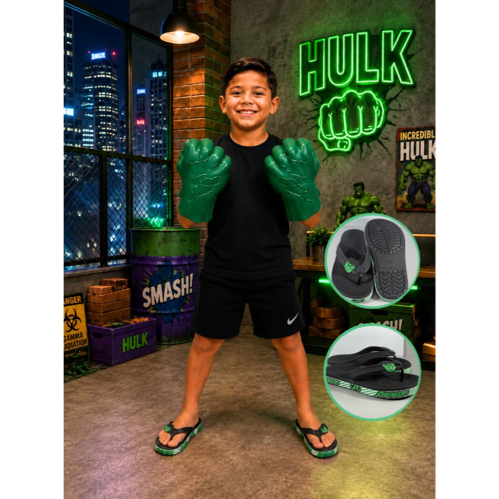 Kit Luva Hulk + Chinelo Temático - Sapato Leve e Confortável Meninos Diversão
