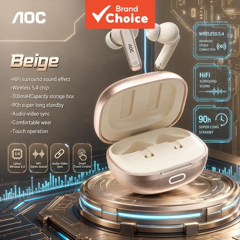 AOC ACT4611 Fones De Ouvido Ultra Leves Intra-Auriculares TWS Bluetooth 5.4 Estável 10M Distância De Transmissão Anti Va