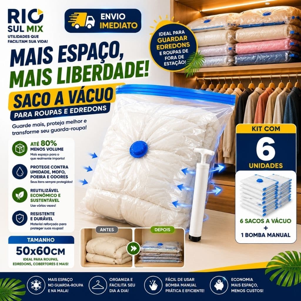 6 Sacos Organizadores A Vácuo  Fecho Duplo 50x60 Protege Mofo + Bomba Ideal para Roupas e Cobertores
