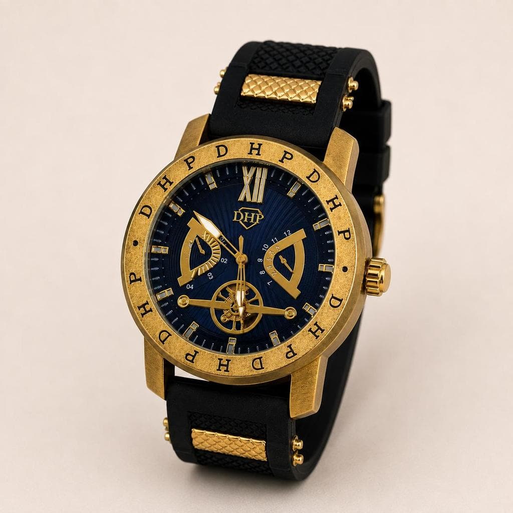 Relógio Masculino DHP Analógico a prova d´água até vinte metros visor azul e dourado pulseira detalhes em aço inoxidável