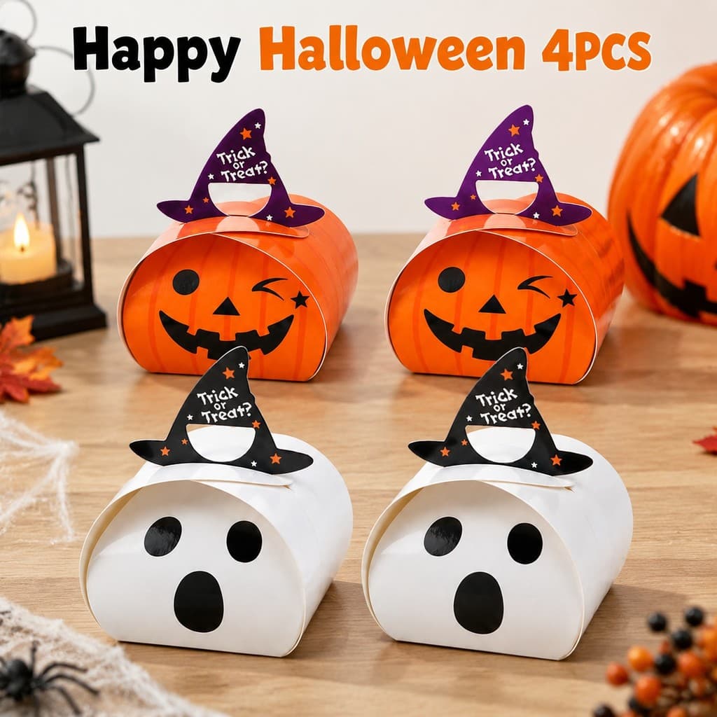 4 Unidades De Caixa De Embalagem De Doces De Halloween Estilo Fantasma De Abóbora