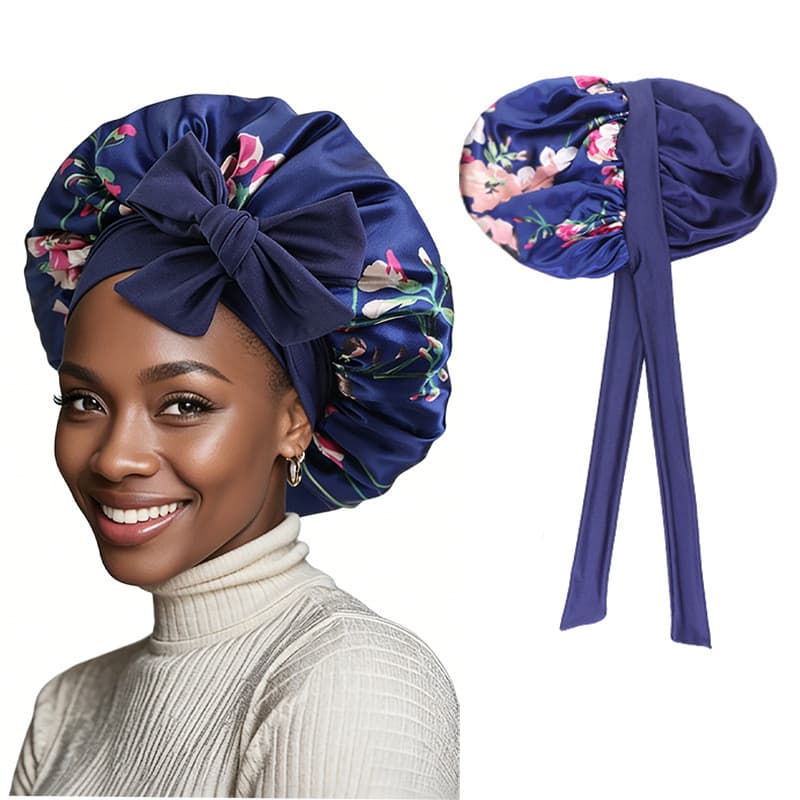 Touca de dormir de cetim estampada de camada dupla, aba larga, elástica, lenço de cabeça, touca de banho com cadarço 8.2