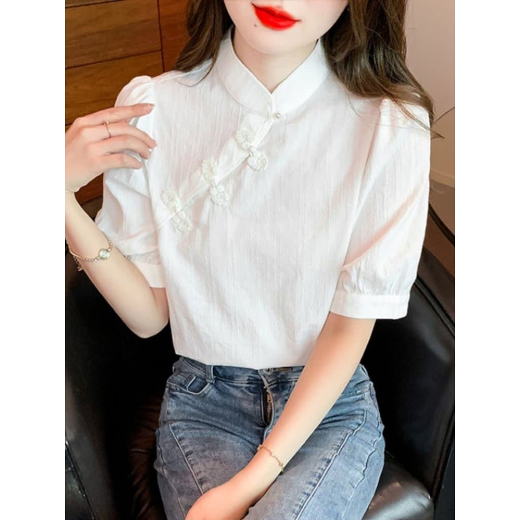 Novo estilo chinês melhorado Cheongsam camisa feminina 2026 verão novo estilo estilo francês chique manga bufante estilo