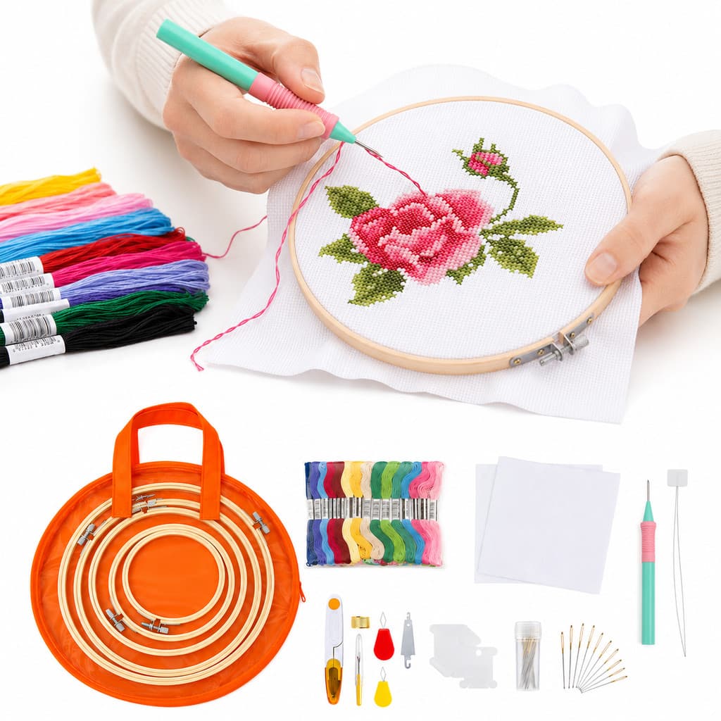 Kit Bordado Ponto Cruz Iniciante 50 Linhas Coloridas 5 Bastidores Bambu 2 Etamines Agulha Mágica