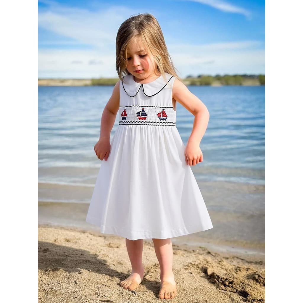 Verão meninas vestido Retro bordado veleiro bordado Range Rover algodão europeu americano médio pequeno crianças sem man