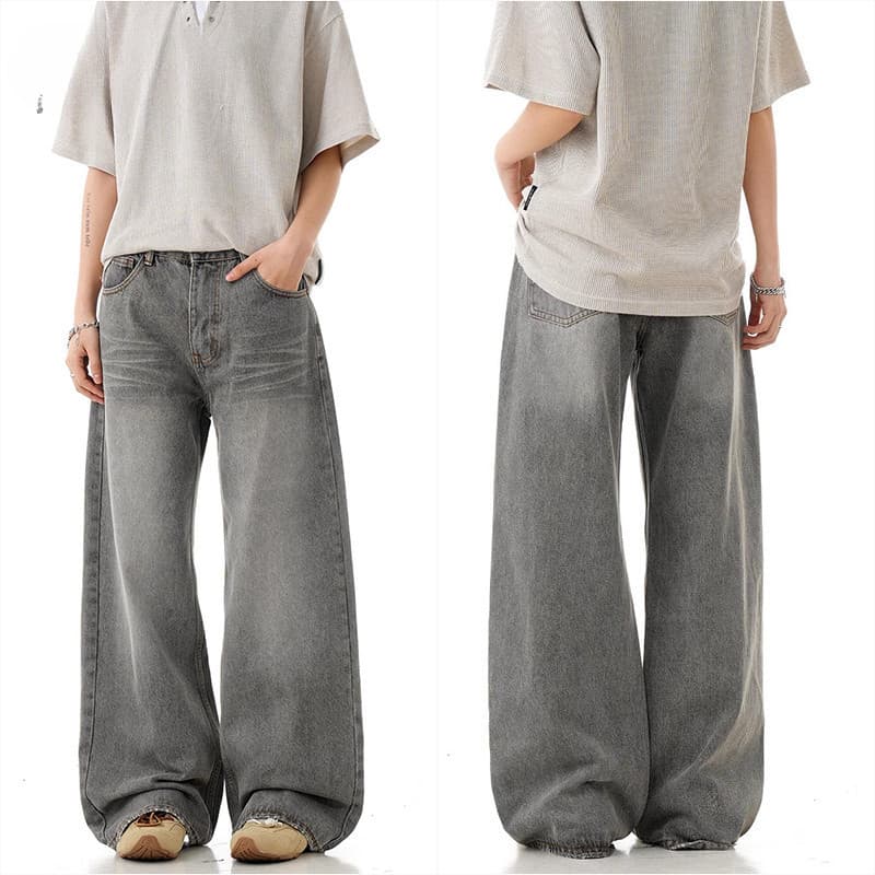 Calças cinza cinza soltas jeans Retro lavado cinza jeans calças casuais masculinas calças de perna larga jeans ajuste li