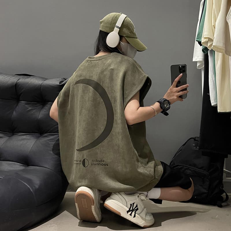 Camurça lua exército verde colete masculino verão Design sentido casal chique Casual esportes colete sem mangas camiseta