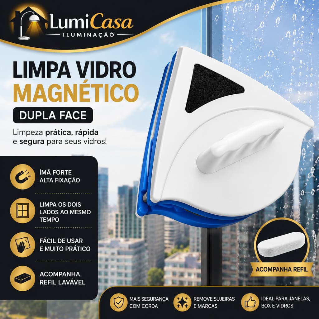Limpador Magnético de Vidro Dupla Face com Refil | Limpa Janela Fácil e Seguro