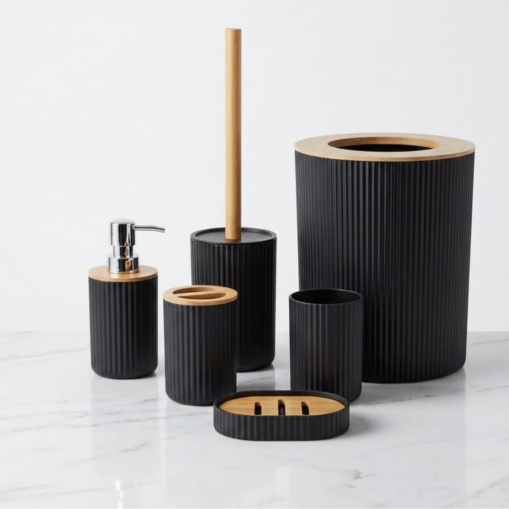 Kit Banheiro 6 Peças Preto e Bambu Texturizado