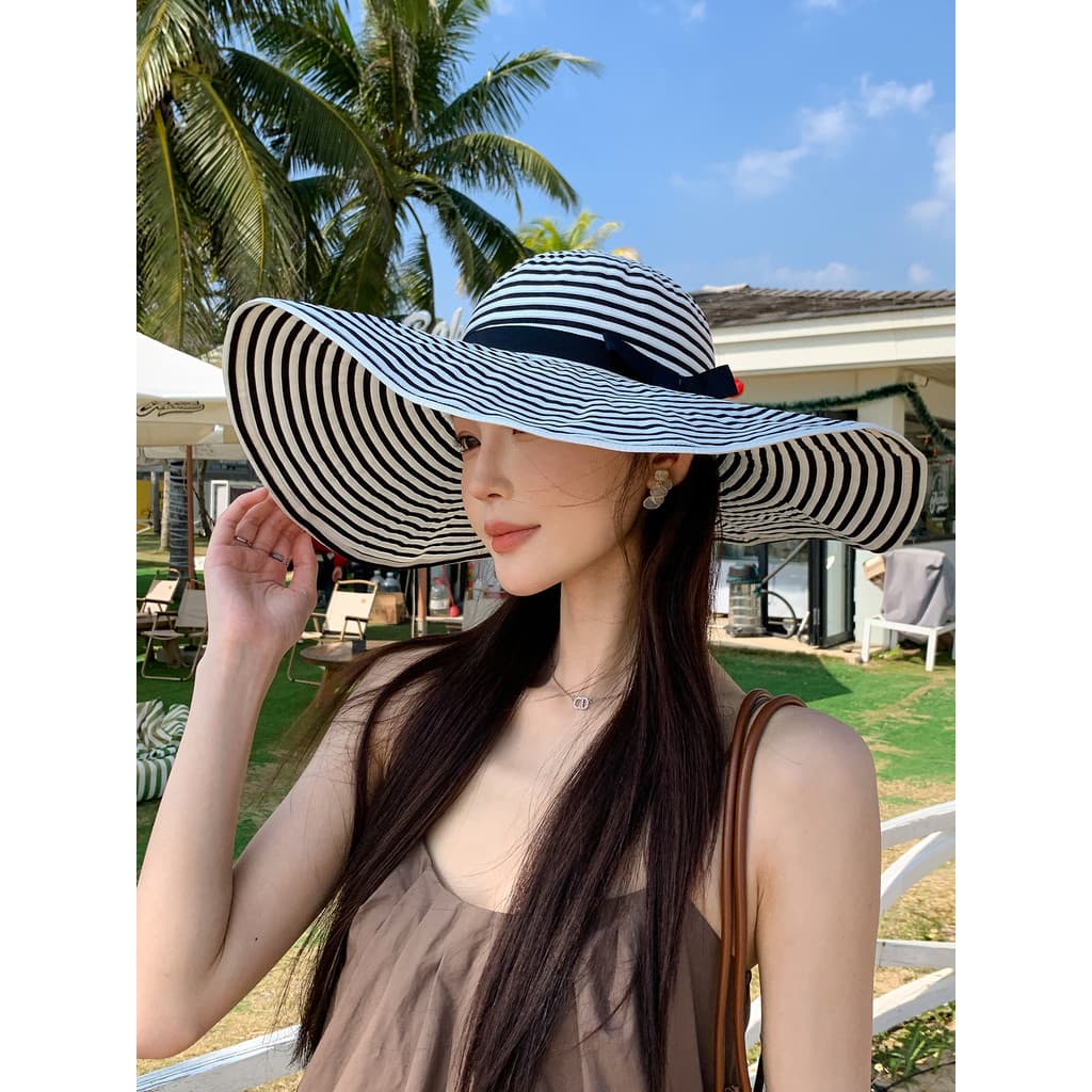 Versão coreana listrado Extra grande borda guarda-sol chapéu feminino verão ao ar livre protetor solar pequeno rosto pra