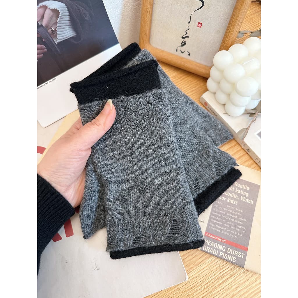 Unissex novo estilo rasgado dupla camada meio dedo luvas outono inverno quente engrossado frio-