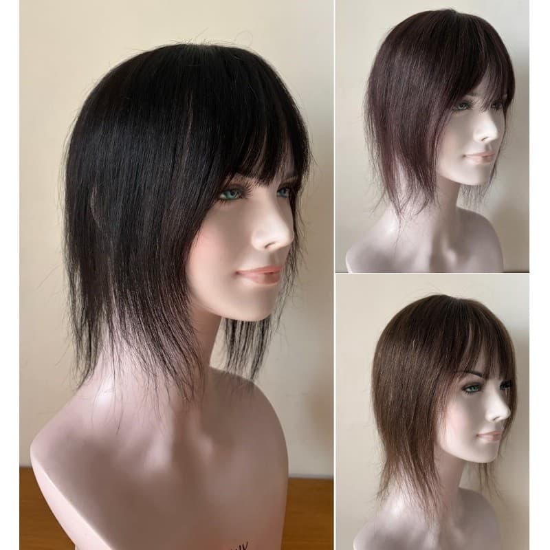 Artigo decorativo Topo Topper 8x12cm com Franja Aplique de Cabelo Humano com tic‑tac feminino 20-30cm