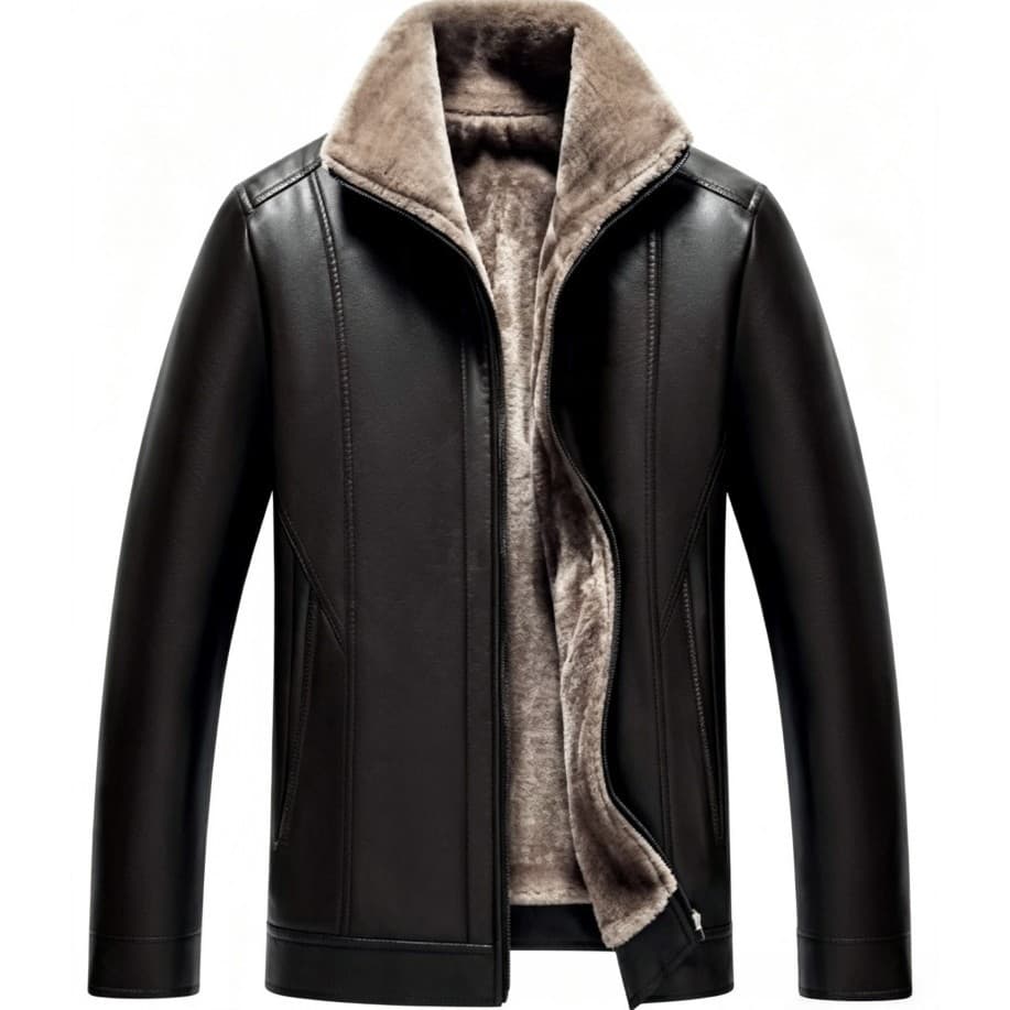 Jaqueta Masculina De Couro PU Forrada De Lã Inverno Gola De Pele Quente Com Zíper Casaco Grosso Casual Agasalhos