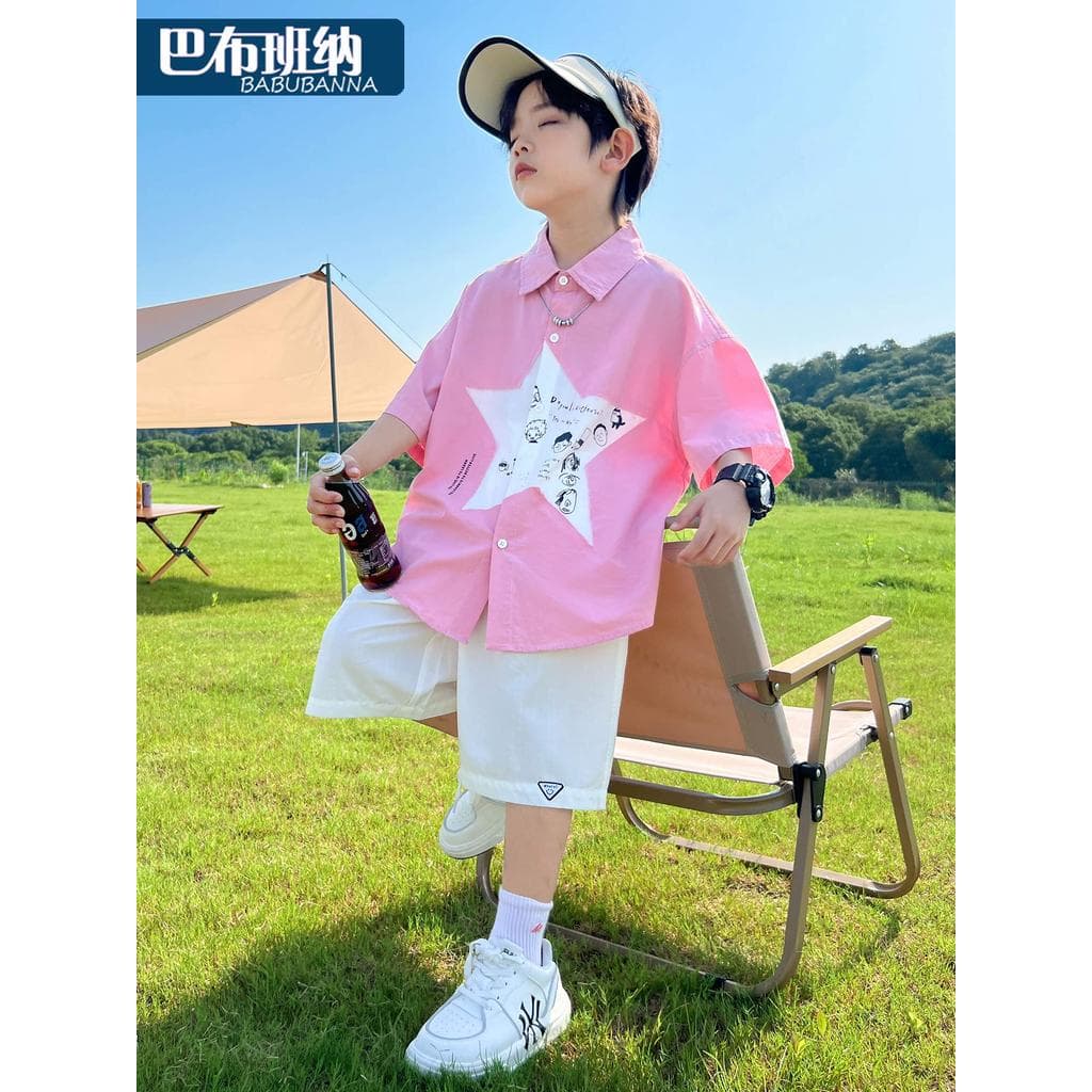 Meninos ternos de verão 2026 novo estilo grandes crianças camisas de manga curta crianças roupas de verão meninos frito