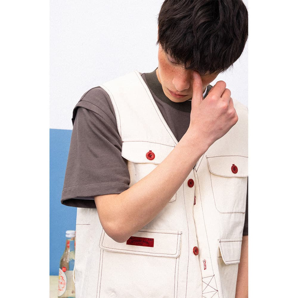 [249 Yuan Opcional Três Peças] Multi-bolso Ferramentas Feel Colete Jaqueta de Algodão Colete Casal Jaqueta Sem Mangas Al