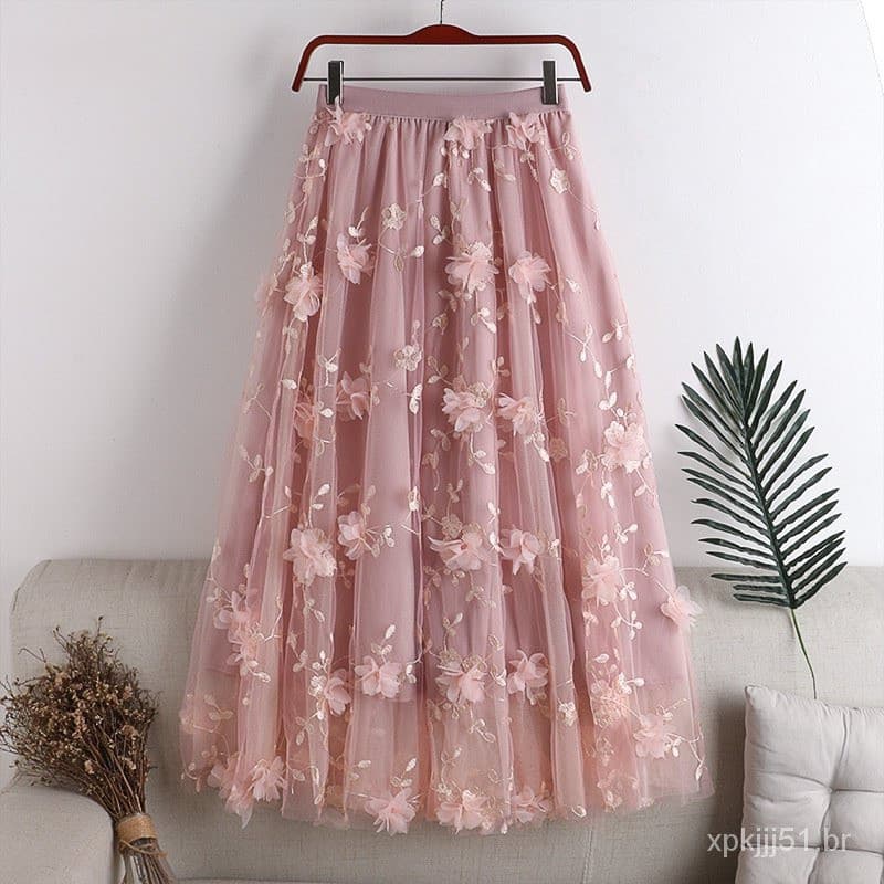 Saia de Tule Plissada com Bordado, Cintura Alta Elástica, Midi Tutu 65W4 VAUK