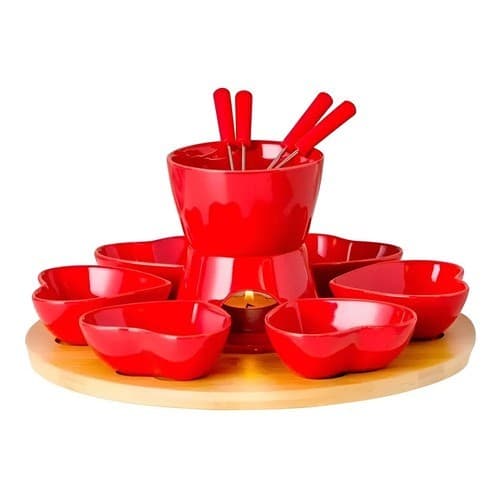 Aparelho Fondue Fullfit Cerâmica Vermelho Base Bambu 14 Peças