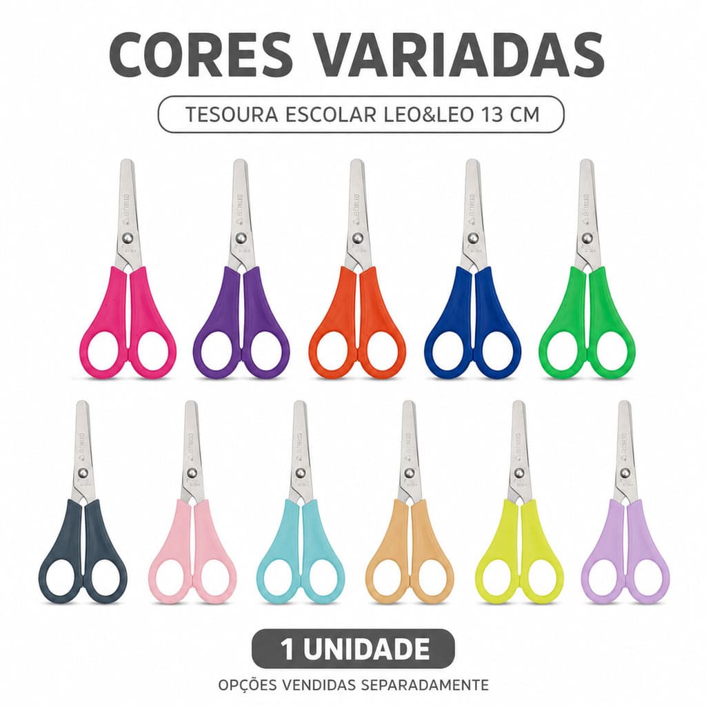 Tesoura Escolar 13cm - Tesoura Escolar sem Ponta - Tesoura Colorida - Leo&leo - Leonora