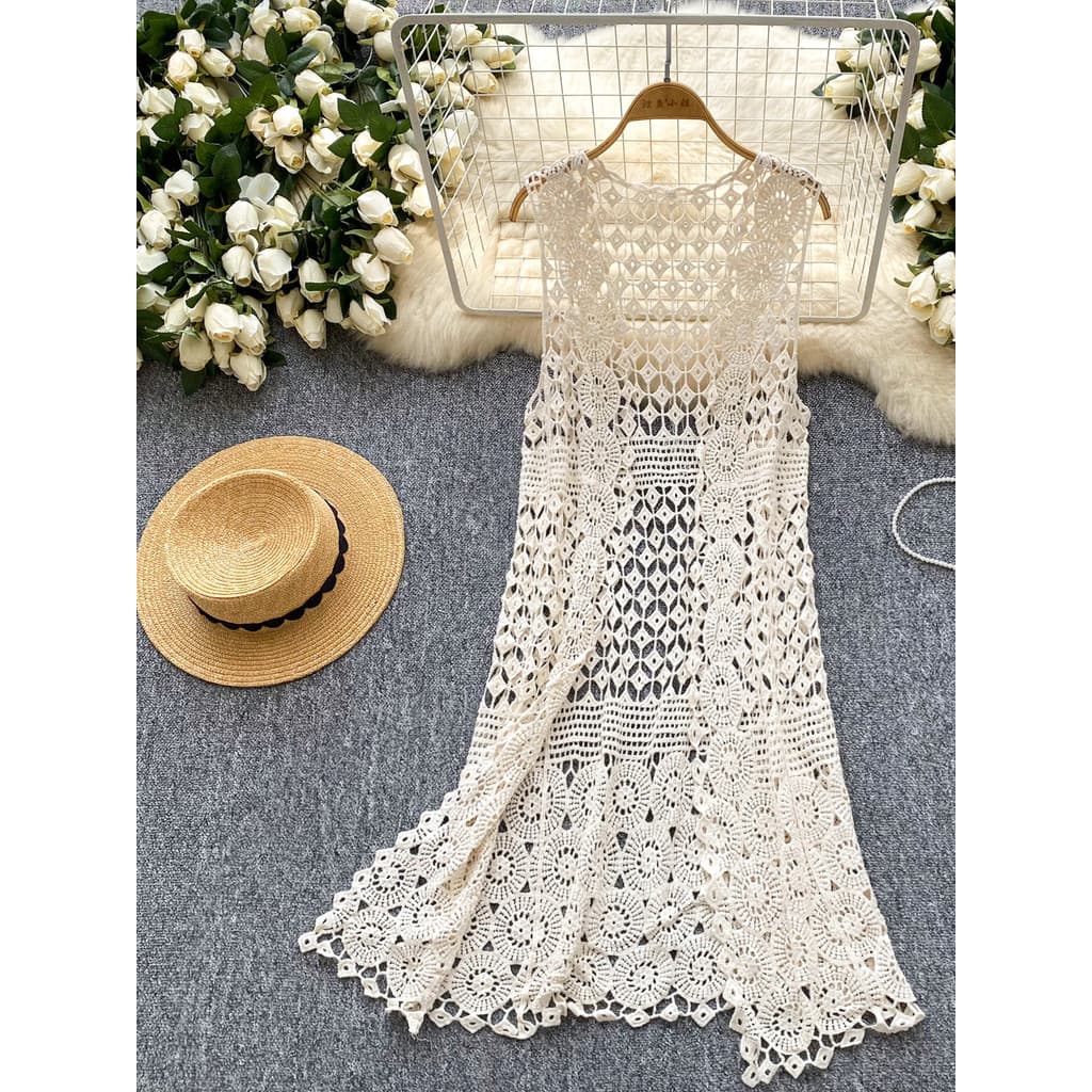 Férias Wear feminino estilo fino exterior em camadas Cardigan feminino vestido de verão Design oco crochê malha colete p