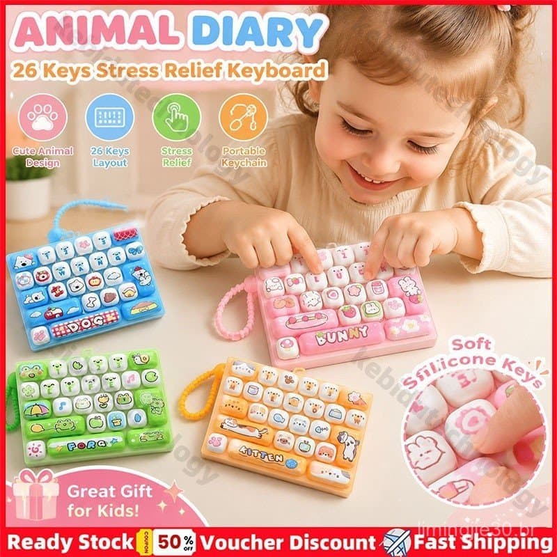 Bonito Dos Desenhos Animados Mini Teclado 26 Teclas Alívio Do Estresse Chaveiro Portátil Silicone Imprensa Brinquedo Par