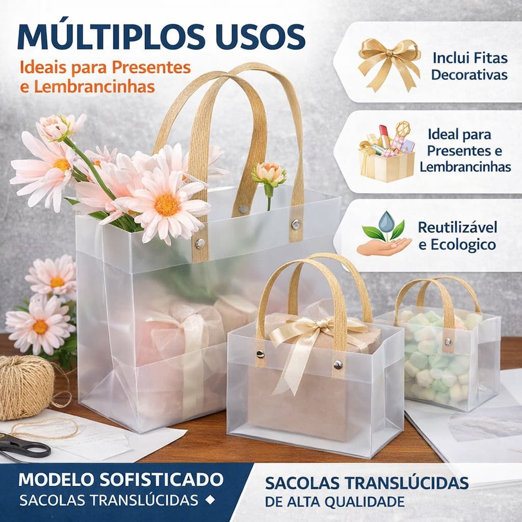 10 Pçs Saco de Presente PVC Fosco Translúcido com Alça e Fita Embalagem Decorativa para Lembrancinhas Presentes Natal