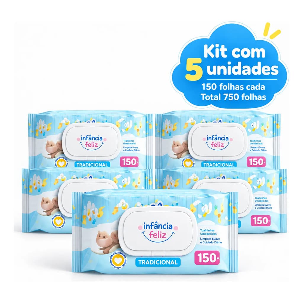 Kit 5 Lenços Umedecidos Infância Feliz 150 Folhas Com Tampa