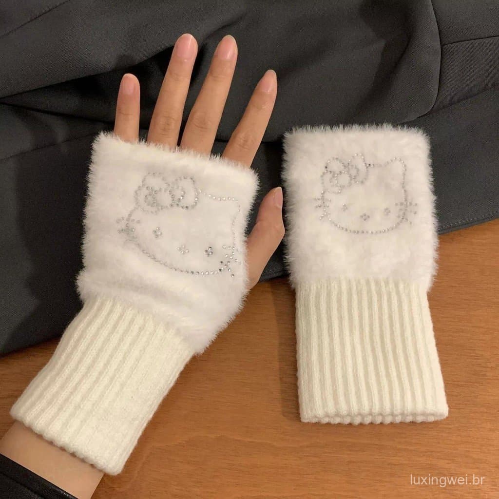 Luvas de pelúcia fofas Kitty para meninas, luvas de inverno sem dedos, estilo anime, macias e quentinhas