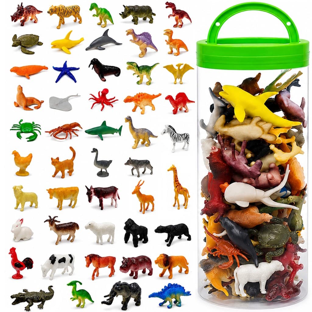 Kit 48 Miniaturas de Animais Selvagens Fazenda Oceano e Dinossauros para Maquete