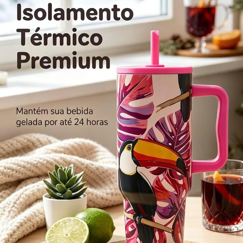 Copo Térmico 1200ml com Alça e Canudo Estampado Fauna Pássaro Tucano Arara Copo Térmico Tropical Fauna