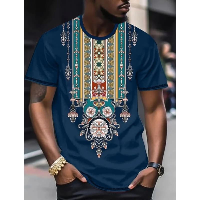 Retro Padrão Étnico T Camisa Para Homem Listra Colorida 3D Impresso Camisetas Verão Rua Manga Curta Em Torno Do Pescoço