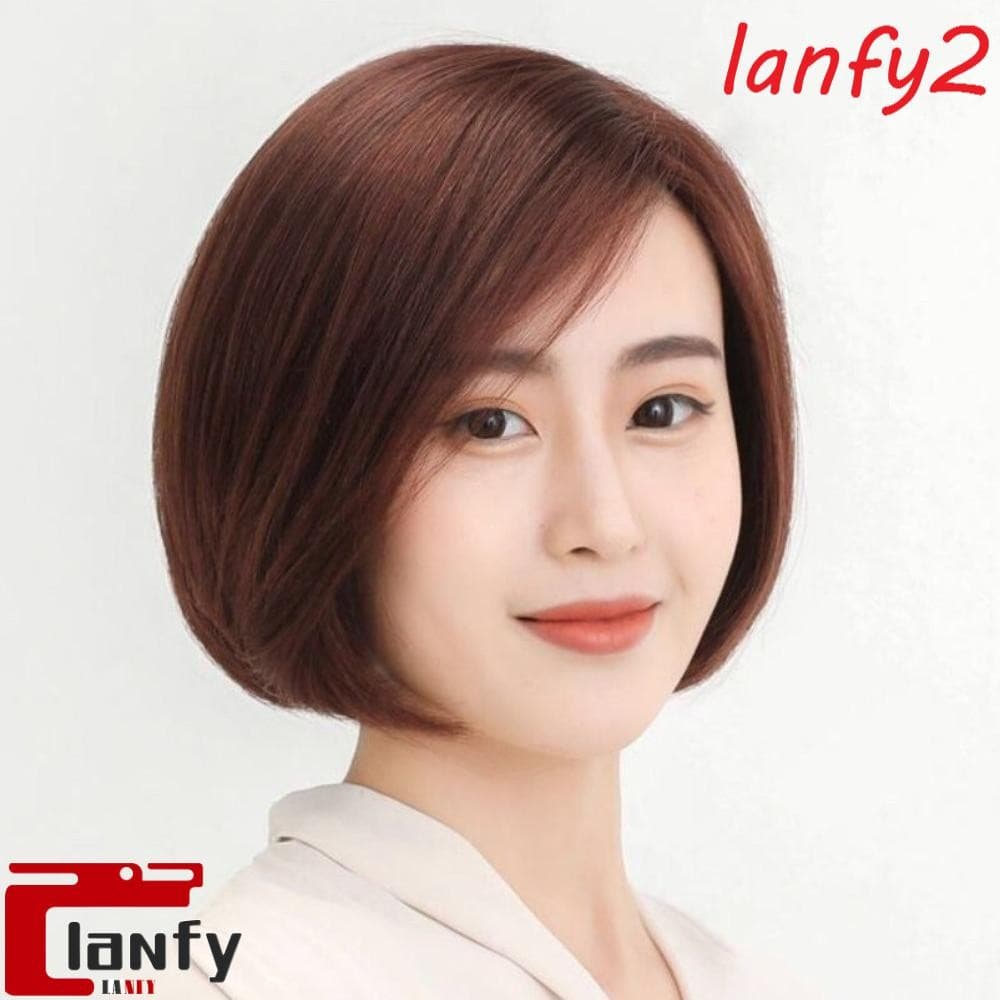 LANFY Perucas Curtas Pretas Marrons , Parte Lateral Peruca Reta Bob Sintética Com Franja , Extensão De Cabelo Femininas