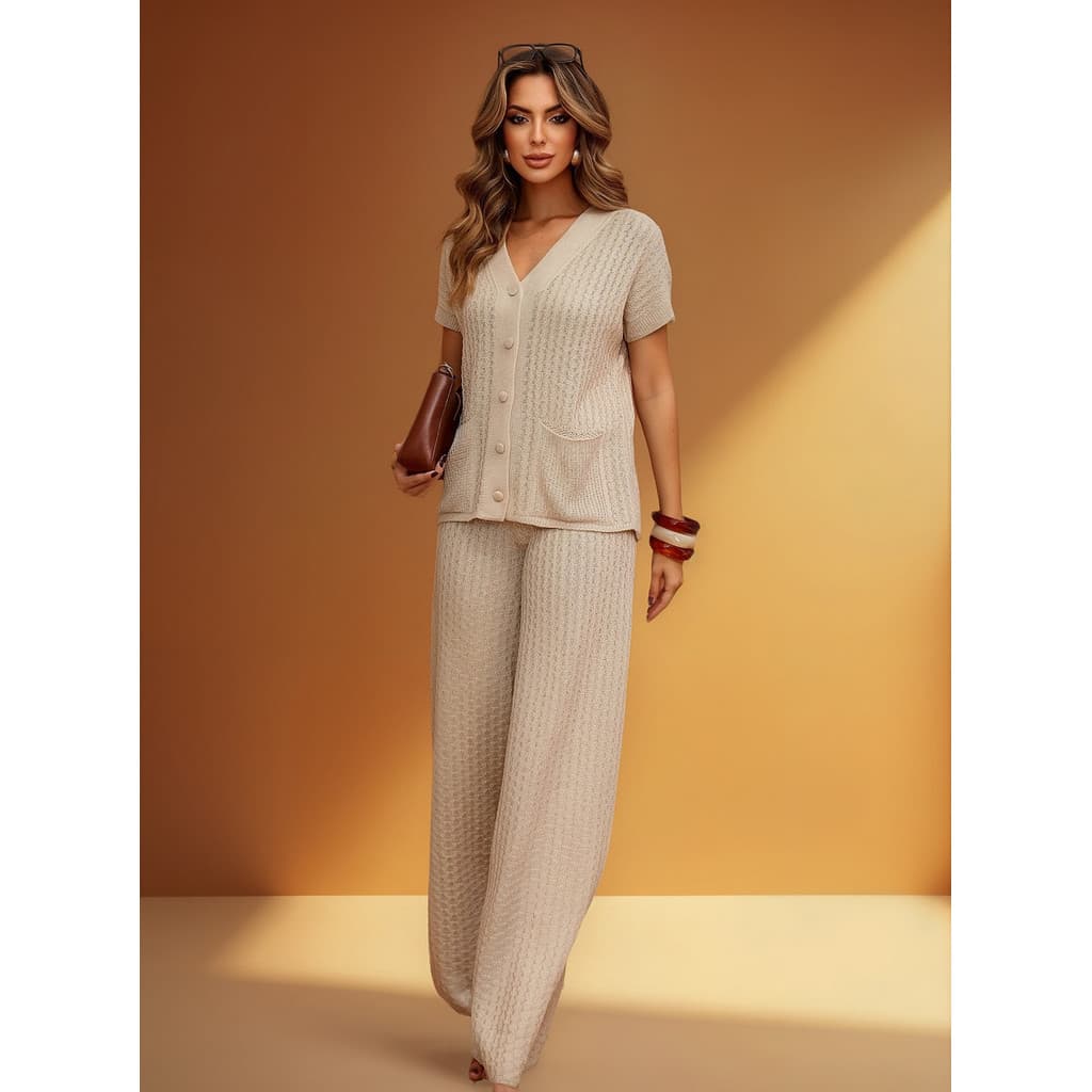 Conjunto De Frio Feminino Trico Blusa E Calça Botões Inverno