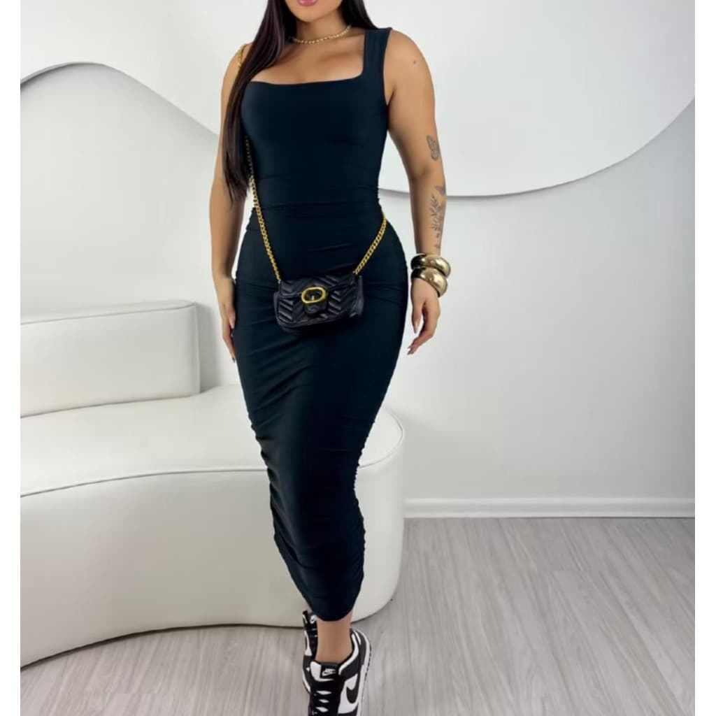 Vestido Midi Justo Franzido Letarel Passeio Balada